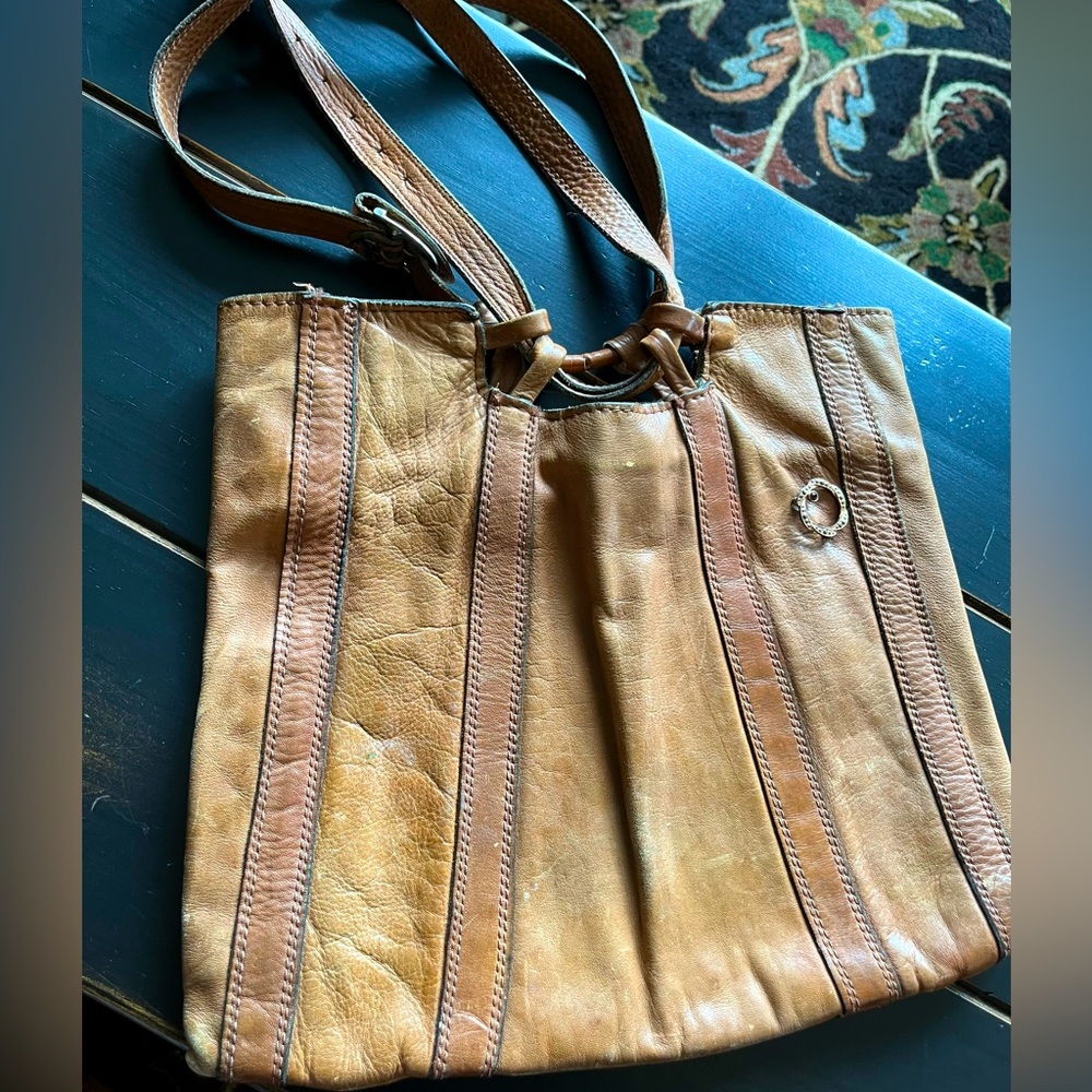 vintage leather hobo tote purse with whimsical vintage brooch